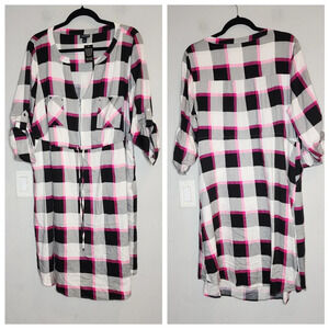 NWT Torrid Zip Front Shirt Dress roll tab pink black plaid size 1X stretch rayon